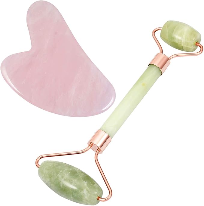 mookaitedecor Xiuyan Jade Roller & Rose Quartz Gua Sha Scraping Massage Tool Set, Face Massager for Wrinkles, Anti Aging-Velvo Beauty