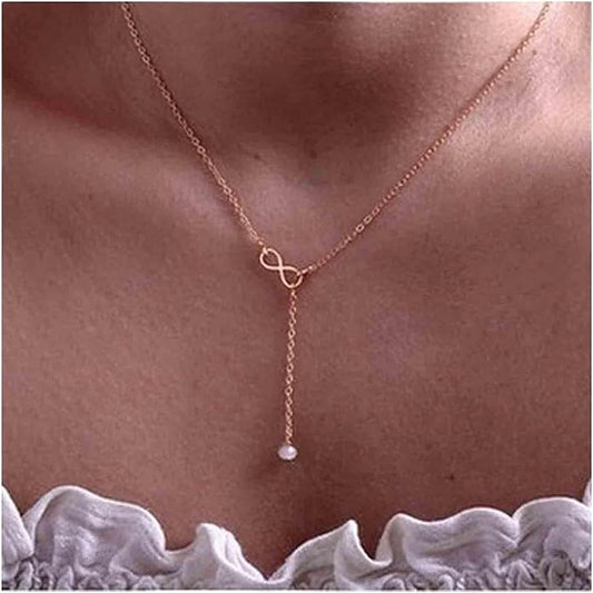 Boho Pearl Infinity Necklace Silver Y Pearl Necklace Minimalist Chain Y Lariat Necklace Chain Jewelry for Women and Girls-Velvo Beauty