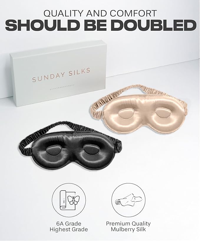 SUNDAYSILKS™ 3D Contoured Silk Sleep Mask | Padded Silk Eye Mask with Eye Cups for Lash Extensions | Blackout, Organic for Women & Men, Perfect for Travel, Slip-Free Deep Sleeping (2PK)-Velvo Beauty
