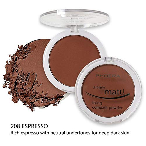 AQUAPURITY PHOERA Sheer Matte Compact Powder Fixing Powder Makeup Base Fixer Setting Powder Foundation Fixing Compact Pressed Powder Long Lasting Skin Vitamin E Beauty Blender (208ESPRESSO)-Velvo Beauty
