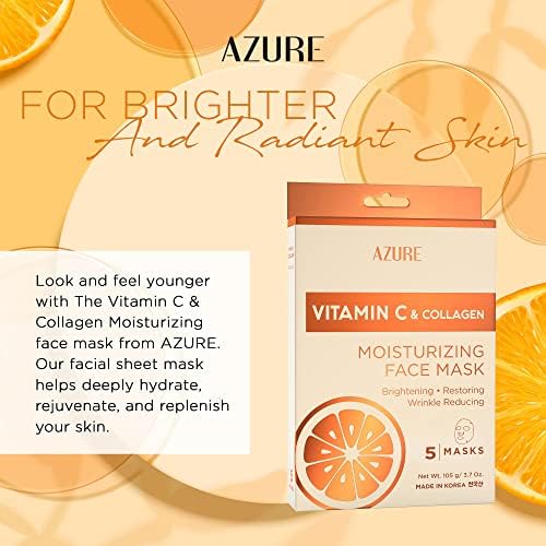 AZURE Vitamin C & Collagen Moisturizing Facial Sheet Mask- Anti Aging, Deeply Moisturizing & Firming - Improves Elasticity - Skin Care Made in Korea - 10 Pack-Velvo Beauty