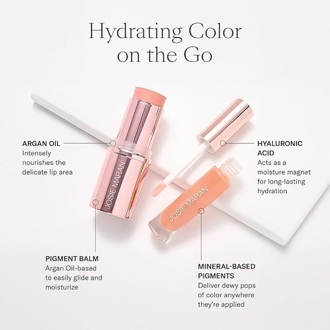 Josie Maran Color Stick & Lip Gloss Makeup Set - Argan Oil-Based Makeup Balm for Lips, Cheeks & Eyes + Hyaluronic Acid Infused Plumping Lip Gloss (2 Piece Set)-Velvo Beauty