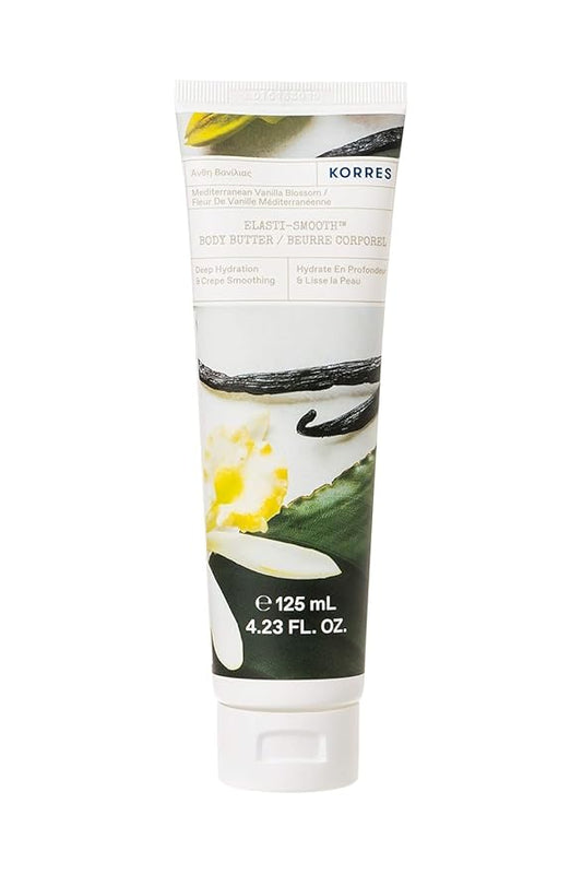 KORRES Elasti-Smooth Body Butter Cream, Dry Skin Lotion with Shea Butter and Almond Oil, Moisturizing, Firming, Tightening and Hydrating After Shower Care, Mediterranean Vanilla Blossom, 4.23 Fl Oz-Velvo Beauty