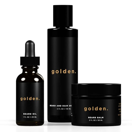 Golden Grooming Co. Beard Kit Bundle: Complete Beard Care - Beard Oil, Balm, Shampoo - All-Natural - Softens, Strengthens, and Nourishes Hair & Skin - Promotes Growth & Grooming - Gift for Him-Velvo Beauty