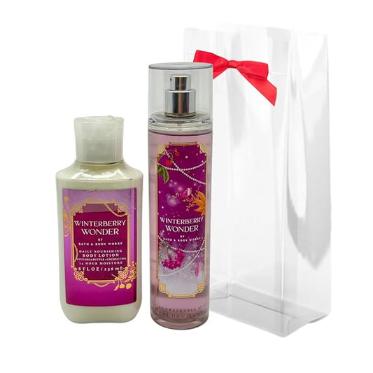 Bath & Body Works WINTERBERRY WONDER 2pc bundle - Fine Fragrace Mist & Body Lotion - Gift set with a Red Bow for Holidays & Gifts-Velvo Beauty