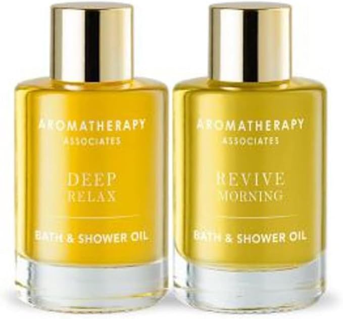 Aromatherapy Associates Perfect Partners Gift Set. 2 Premium Bath and Shower Oils (0.3 fl oz each) in Decorative Gift Box. Includes Deep Relax and Revive Morning Blends-Velvo Beauty