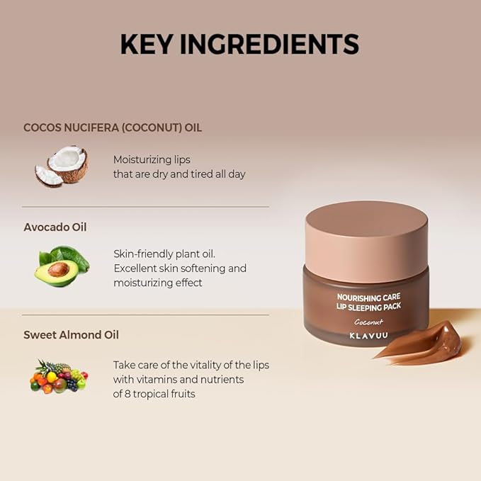 Klavuu Nourishing Care Lip Sleeping Pack (Vanila & Coconut) - Overnight Exfoliating & Nourishing Lip Treatment Balm for Dry Lips - Natural Moisturizing Lip Oil - Lip Balm to Repair & Protect Lips-Velvo Beauty