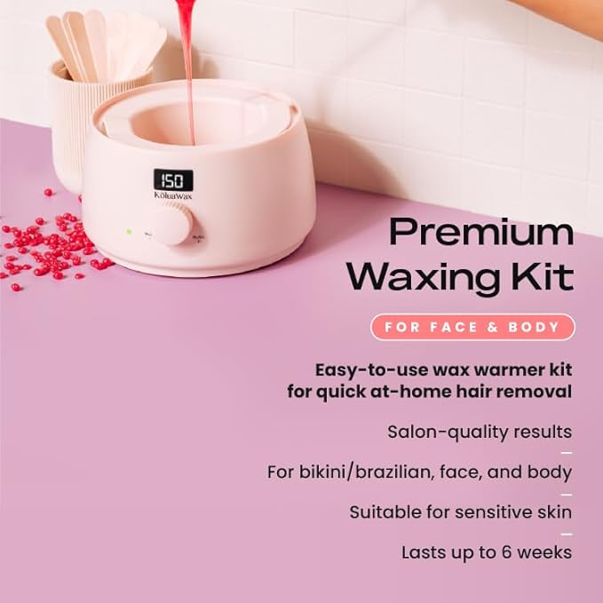 KoluaWax Premium Waxing Kit for Women - Hot Melt Wax Warmer for Hair Removal, Eyebrow, Bikini, Legs, Face, Brazilian & More - Machine + 4-Pack Hard Wax Beads + Accessories, Blush-Velvo Beauty