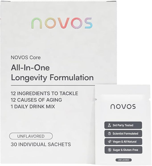 NOVOS Core Longevity Mix, Anti-Aging Supplement, Drink Powder Packet Unflavored - Skin Support, Energy, Mood Support, Sleep and Cognition Support - 30 Servings-Velvo Beauty