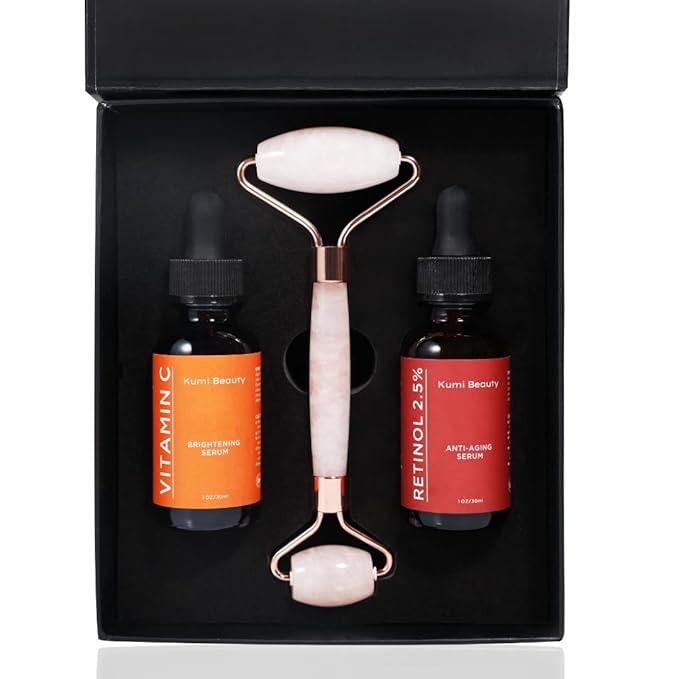 Kumi Beauty. K-Beauty Serums ~ 3 in 1 Gift Box ~ ||| Set: 2 Face Serums (Vitamin C + Retinol) + 1 Rose Quartz Roller.-Velvo Beauty