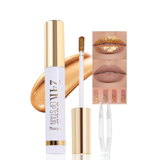 2025 New 24K Gold Liquid Lip Gloss Peel Off Lip Stain Tattoo with Tweezer, Brownish Red Lips Stain Peel Off Masque, Long Lasting Waterproof Lip Tint Stain,Transfer-proof for All Skin Types 02#-Velvo Beauty