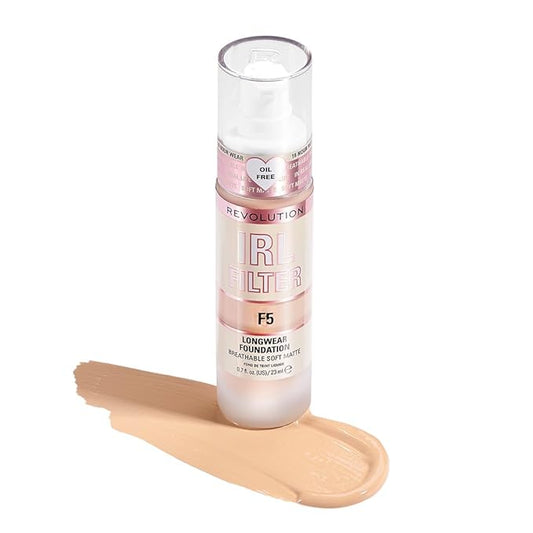 Revolution Beauty, IRL Filter Longwear Foundation, Soft & Breathable Formula, Medium to Full Coverage, Matte Finish, F5, 0.7 Fl. Oz-Velvo Beauty