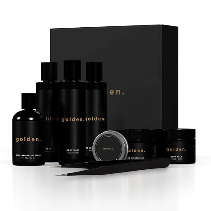Golden Grooming Co. Bath and Body Skin Care Kit Gift Set for Men - with Deep Exfoliating Scrub, Face Wash, Moisturizer, Body Wash, 2 in 1 Beard and Hair Shampoo, Body Balm,Solid Cologne and Tweezers-Velvo Beauty