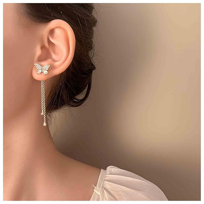 Vintage Crystal Butterfly Stud Earrings Gold Long Chain Earrings Thin Drop Chain Earrings Cz Paved Butterfly Earrings Retro Hanging Chain Earrings Jewelry for Women and Girls-Velvo Beauty