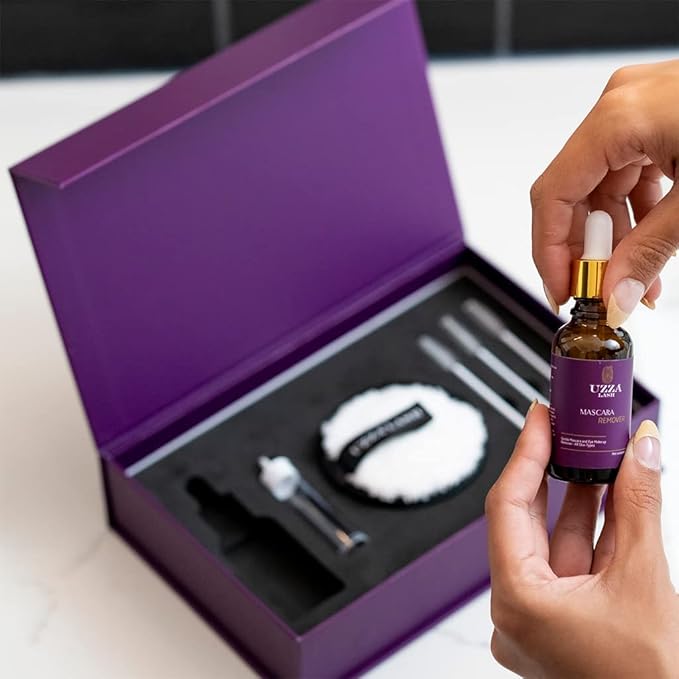 UZZA Lash Eye Makeup Remover - Waterproof Mascara Remover for Sensitive Eyes - Natural Make up Remover - Hygienic Kit Includes Eyelash Brush, Reusable Pads, Cleanser Liquid 1oz-Velvo Beauty