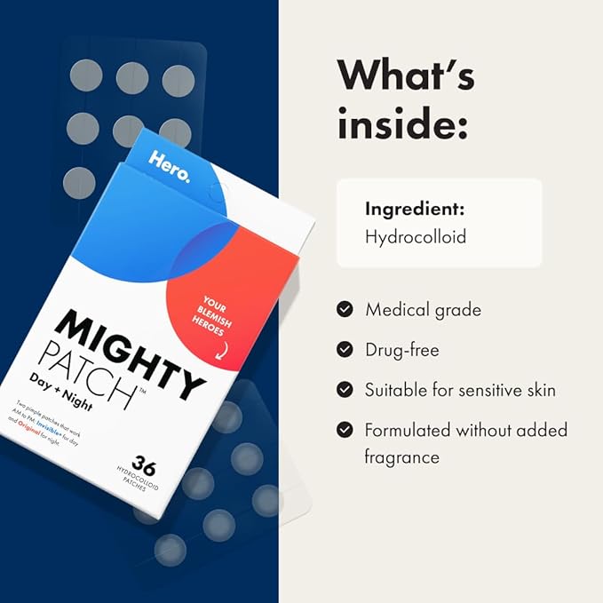 Mighty Patch™ Day and Night Patches – The Hydrocolloid Patch Duo Pack. Derm-Tested. Medical-Grade Hydrocolloid. Absorbs Pimple Gunk in 6-8 Hours. 36ct (18x Original, 18x Invisible+)-Velvo Beauty