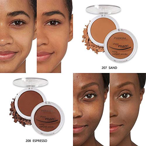 AQUAPURITY PHOERA Sheer Matte Compact Powder Fixing Powder Makeup Base Fixer Setting Powder Foundation Fixing Compact Pressed Powder Long Lasting Make Up Fixer Skin Vitamin E Beauty Blender (207 SAND)-Velvo Beauty