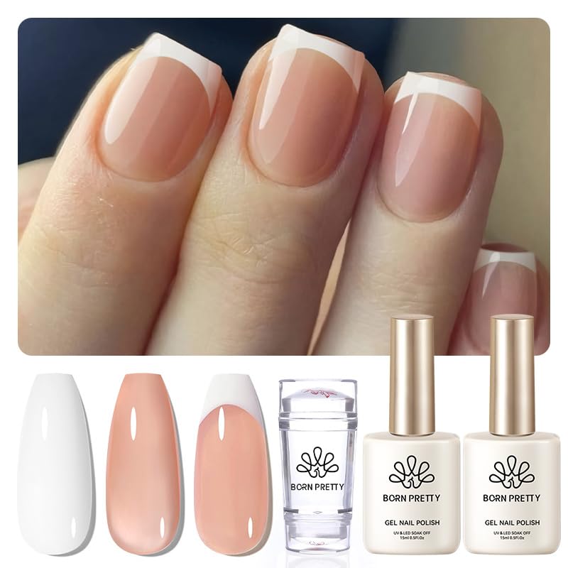 Born Pretty French Manicure Kit, Nail Stamper and 2Pcs Gel Nail Polish, Include Jelly Natural Pink White Colors for French Tip, U V Light Cure-Velvo Beauty
