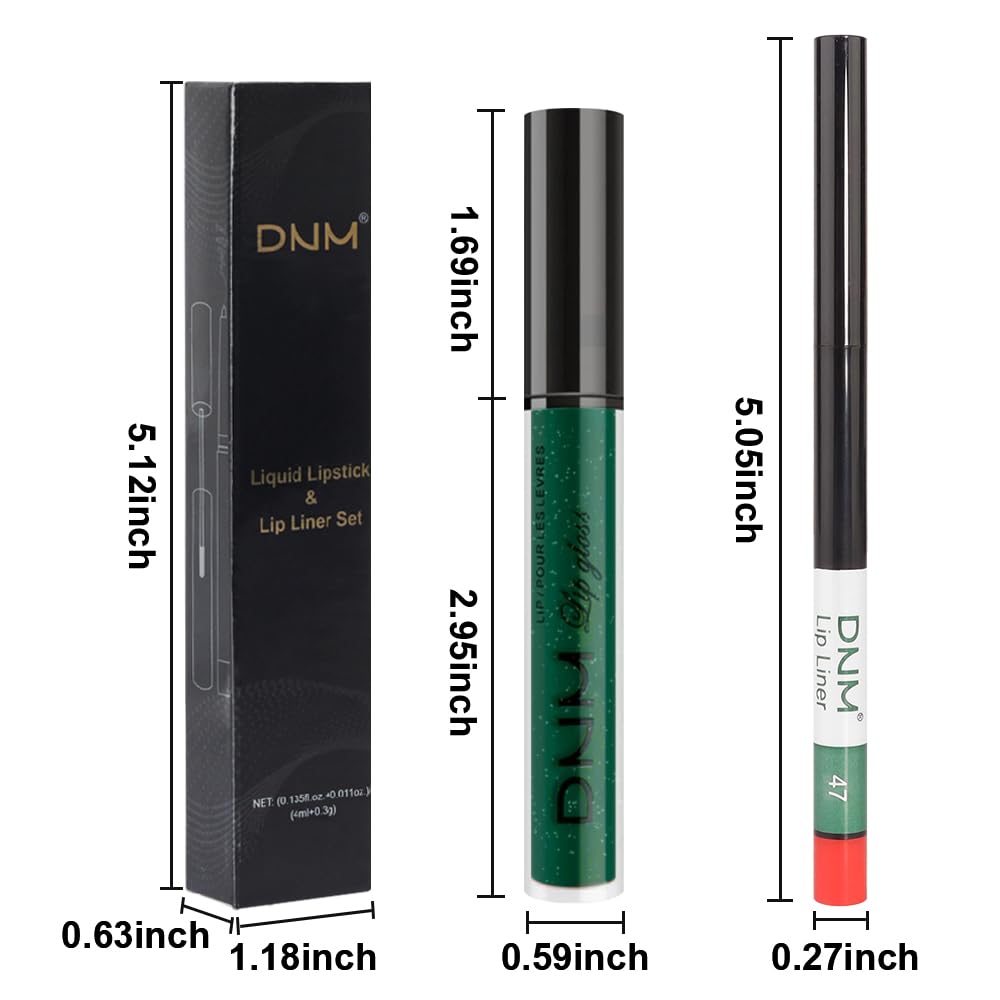 evpct 2Pcs Emerald Green Shimmer Glitte Liquid Lipstick Lip Gloss Stain and Retractable Lip Liner Makeup Set for Women Long Lasting Waterproof 24 Hours Lipstick labial mate larga duracion 24 47#-Velvo Beauty