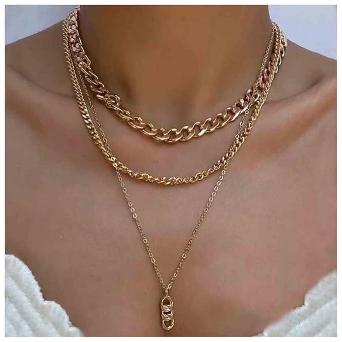 Punk Layered Necklace Choker Gold Cable Chain Necklace Vintage Chain Drop Necklace Multi Layer Necklace Set Jewelry for Women and Girls Gifts-Velvo Beauty