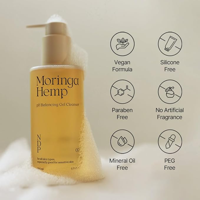 NDP Moringa Hemp Gel Cleanser, Gel-to-Foam, pH Balancing, Vegan, Non-Stripping, Hydrating Face Wash for Sensitive Skin – Fragrance-Free, Clean Beauty, Korean Skincare, 200ml / 6.76 fl oz-Velvo Beauty
