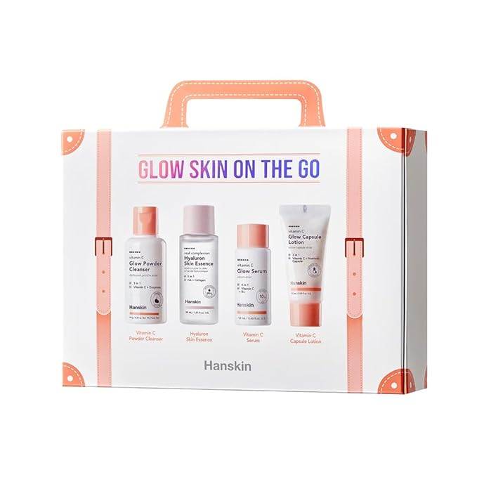 Hanskin Glow Skin On The Go Kit, Set of 4, Essential Travel Skincare Set for Glowing & Nourishing Skin on the Plane, Powder Cleanser Skin Essence and Facial Serum Cleansing Balm-Velvo Beauty