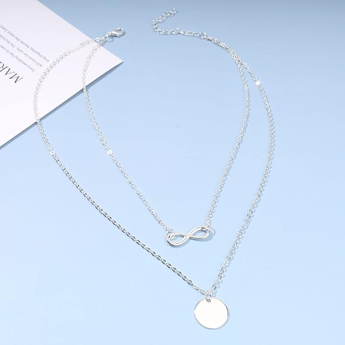 Boho Layered Infinity Coin Necklace Choker Silver Disc Pendant Necklace Forever Necklace Vintage Circle Choker Necklace Chain Jewelry for Women and Girls Gifts for Her-Velvo Beauty