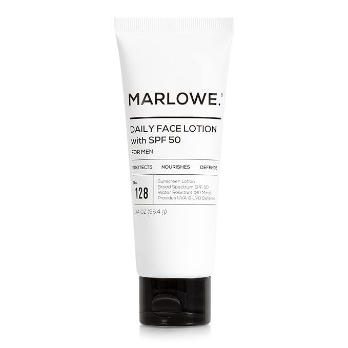 MARLOWE. No. 128 Men's Facial Lotion with Sunscreen SPF 50, 3.4 oz, Oil-Free, Lightweight Daily Face Moisturizer for Men, Includes Natural Extracts to Hydrate, Nourish & Soothe-Velvo Beauty