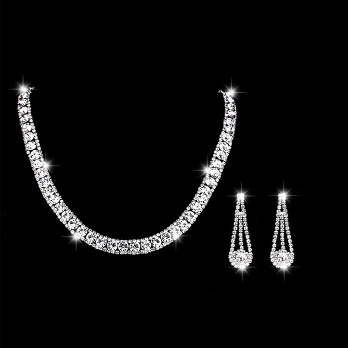 Yean Bride Silver Necklace Earrings Set Rhinestone Bridal Wedding Jewelry Sets Crystal Choker Necklace for Women (Set 3)-Velvo Beauty