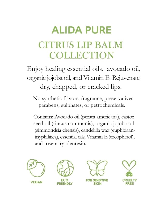 Citrus Lip Balm Collection, Vegan Lip Balm Set, Bees Wax Free, Coconut Oil Free, Avocado Oil, Organic Jojoba Oil, Vitamin E, Natural Moisturizer For Dry Cracked Lips, 3 Tube Set-Velvo Beauty