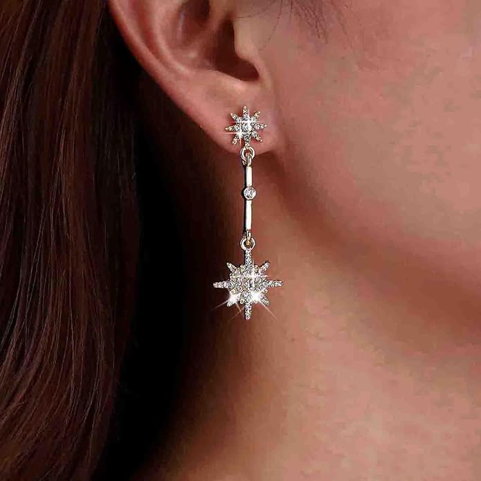 Vintage Crystal Starburst Drop Earrings Long Rhinestone Northstar Earrings Gold Cz Star Dangle Earrings Cz North Star Stud Earrings Jewelry for Women-Velvo Beauty