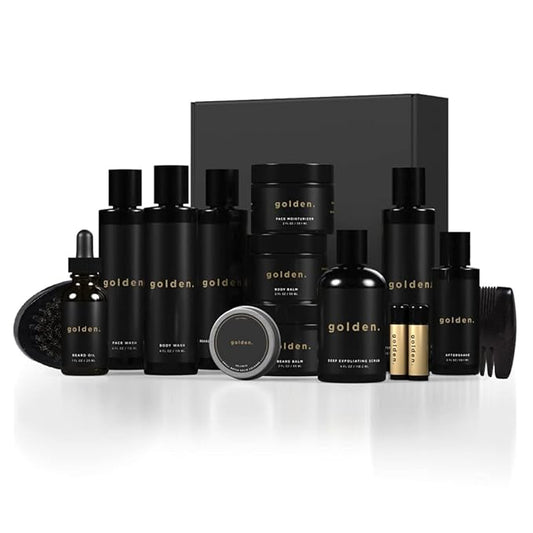 Golden Grooming Co. Complete Men's Grooming Gift Set - Beard Oil, Face & Body Wash, Shampoo, Balms, Moisturizer, Scrub & More-Velvo Beauty