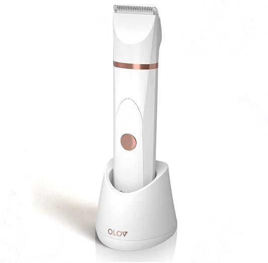 OLOV Electric Body Hair Trimmer - Groin Trimmer for Men - Bikini Trimmer Women - Wet/Dry Shaver Groomer, Replaceable Ceramic Blade Heads, USB Recharge Dock, Waterproof Hygiene Razor, White-Velvo Beauty