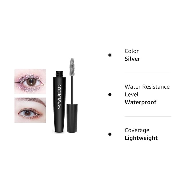 Maydear Silver Colored Mascara – Waterproof, Long Lasting, Smudge-Proof, Fast-Drying Lengthening Mascara for Party & Stage Make-Velvo Beauty
