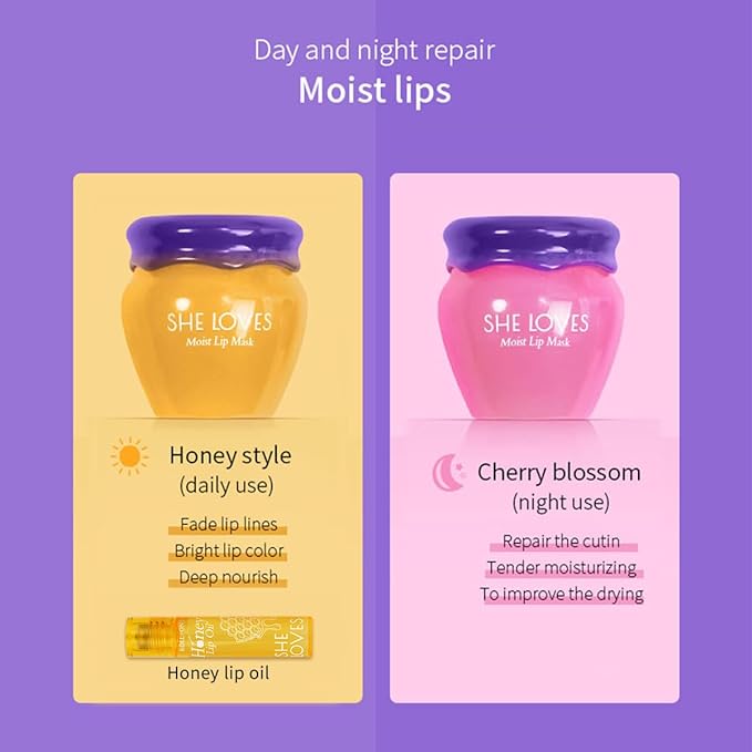 2PCS Lip Mask Overnight, Honey&Sakura Day and Night Repair Sleeping Lip Balm, Fade Lip Lines Bee Balm, Hydrating &Prevention Dry and Crack Lip Scrubs Exfoliator-Velvo Beauty