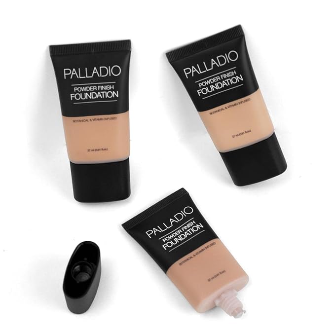 Palladio Powder Finish Liquid Foundation, Natural Matte Appearance, Reduces Fine Lines, Covers Large Pores, Hides Imperfections, All Day Wear, Sheer to Medium Coverage, In the Buff-Velvo Beauty