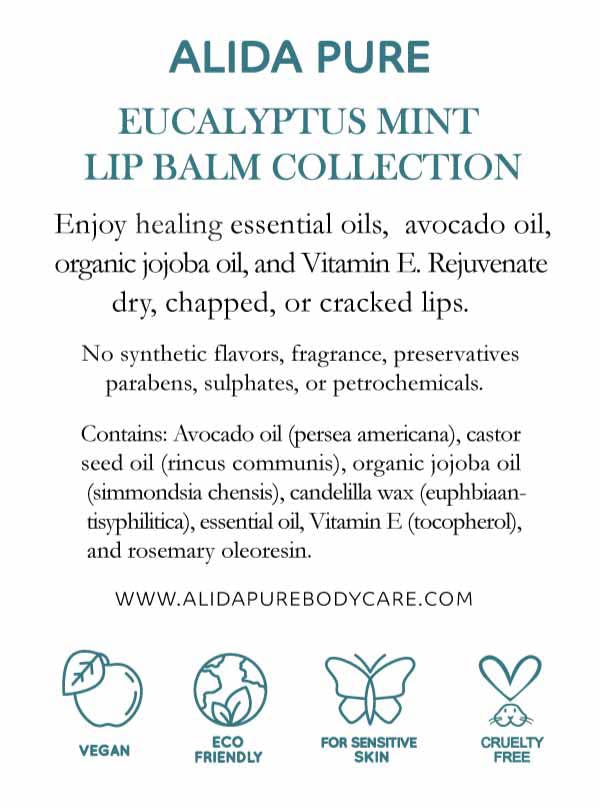 ALIDA PURE Eucalyptus Mint Lip Balm Collection, Vegan, Lip Balm, Beeswax Free, with Avocado Oil, Organic Jojoba Oil, and Vitamin E, Natural Moisturizer for Dry, Chapped Lips, 3 Tube Set-Velvo Beauty