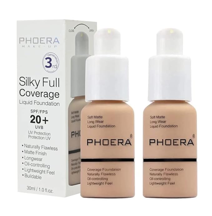 BestLand 2Pack PHOERA Foundation Full Coverage Liquid Foundation Cream - Long-lasting Lightweight Concealer - Oil-Free Formula - Natural Shade - Suitable for All Skin Types (2 Pack Nude #102)-Velvo Beauty