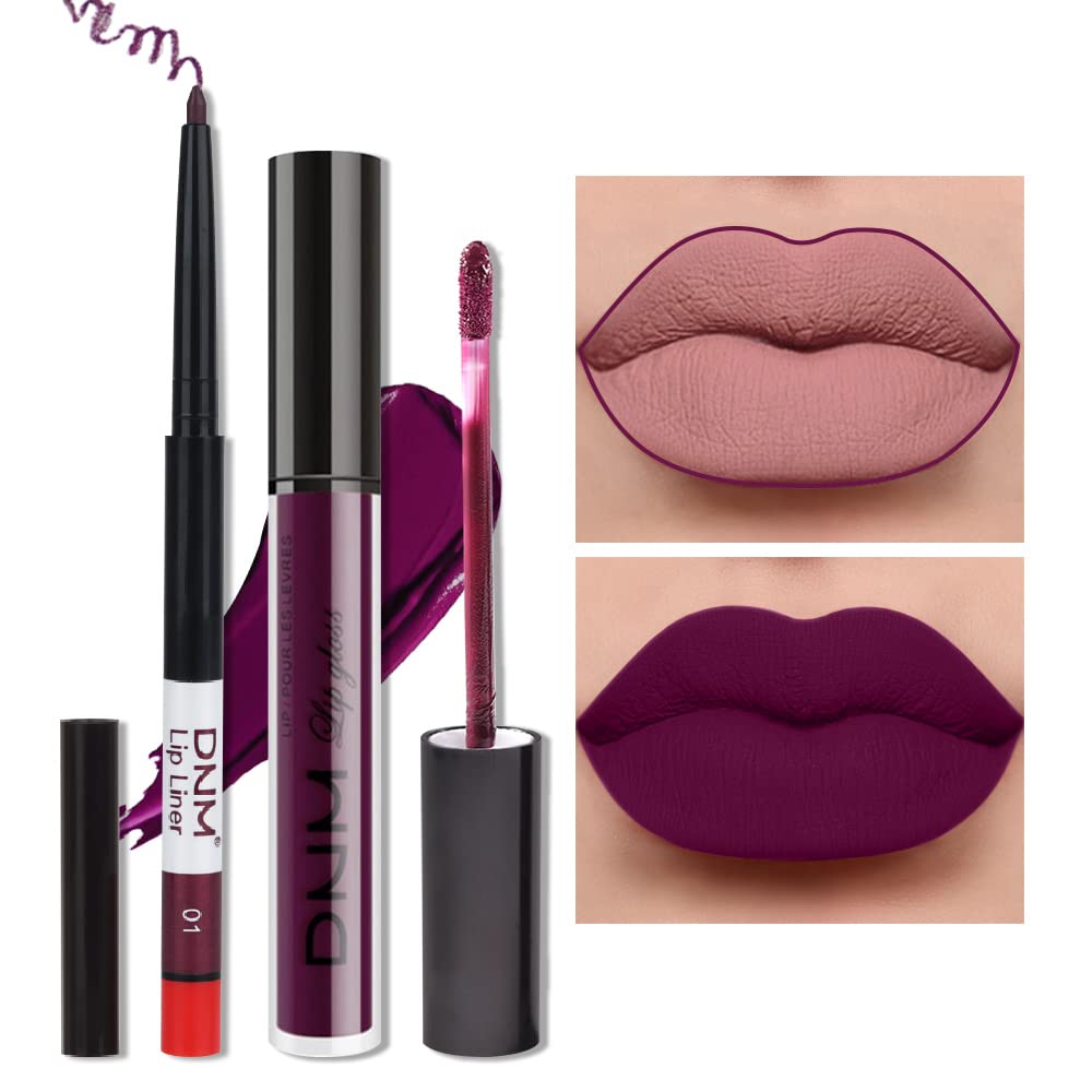 evpct 2Pcs Purple Plum Matte 24-hour Liquid Lipstick and Lip Liner Pencil Makeup Set Women Dark Red Bright Berry Liquid Lipstick Matte Lip Tint 24H and with Lip Liner Set Waterproof Long Lasting 1-Velvo Beauty