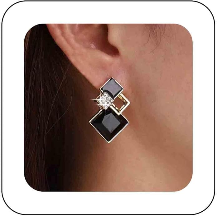 Vintage Crystal Square Drop Earrings Black Square Stud Earrings Gold Hollow Square Dangle Earrings Black Onyx Square Earrings Jewelry for Women-Velvo Beauty