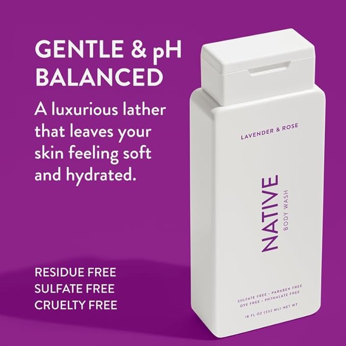 Native Body Wash Contains Naturally Derived Ingredients | For Women & Men, Sulfate, Paraben, & Dye Free Leaving Skin Soft and Hydrated | Lavender & Rose 18 oz - 2 Pk-Velvo Beauty
