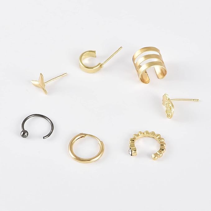 Bohemia Pineapple Mermaid Tail Studs Earrings Gold Wide Cuff Earrings Fake Helix Ear Cuff Earrings Gold Cartilage Clip on Wrap Earrings Non pierced Multiple Earrings Set Set for Women and Girls-Velvo Beauty