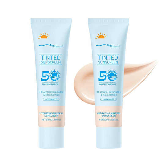 Tinted Sunscreen for Face SPF 50, 2 PCS Defense SPF 50 Face Sunscreen Lotion with Hyaluronic Acid, Sun Essence Faces Sunscreens, Hydrating, Moisturizing, UV Defense, Travel Size (Light Color)-Velvo Beauty