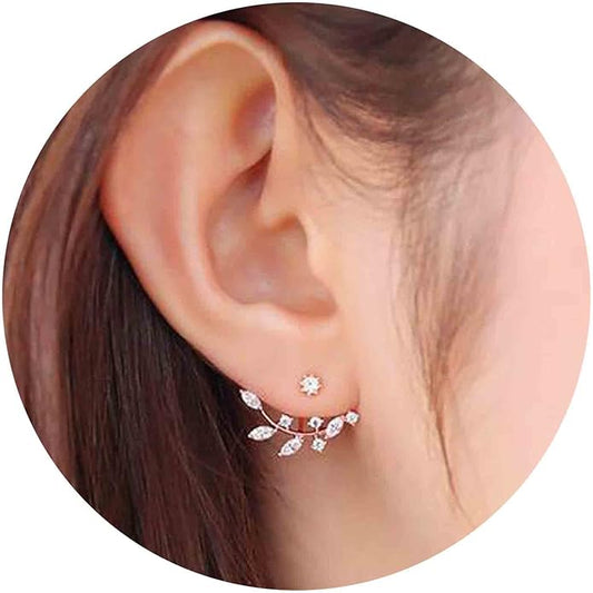 Boho Crystal Leaf Ear Jackets Earrings Gold Cz Crystal Earrings Rhinestone Front Back Studs Earrings Minimalist Earrings Jewelry for Women and Girls Gifts-Velvo Beauty