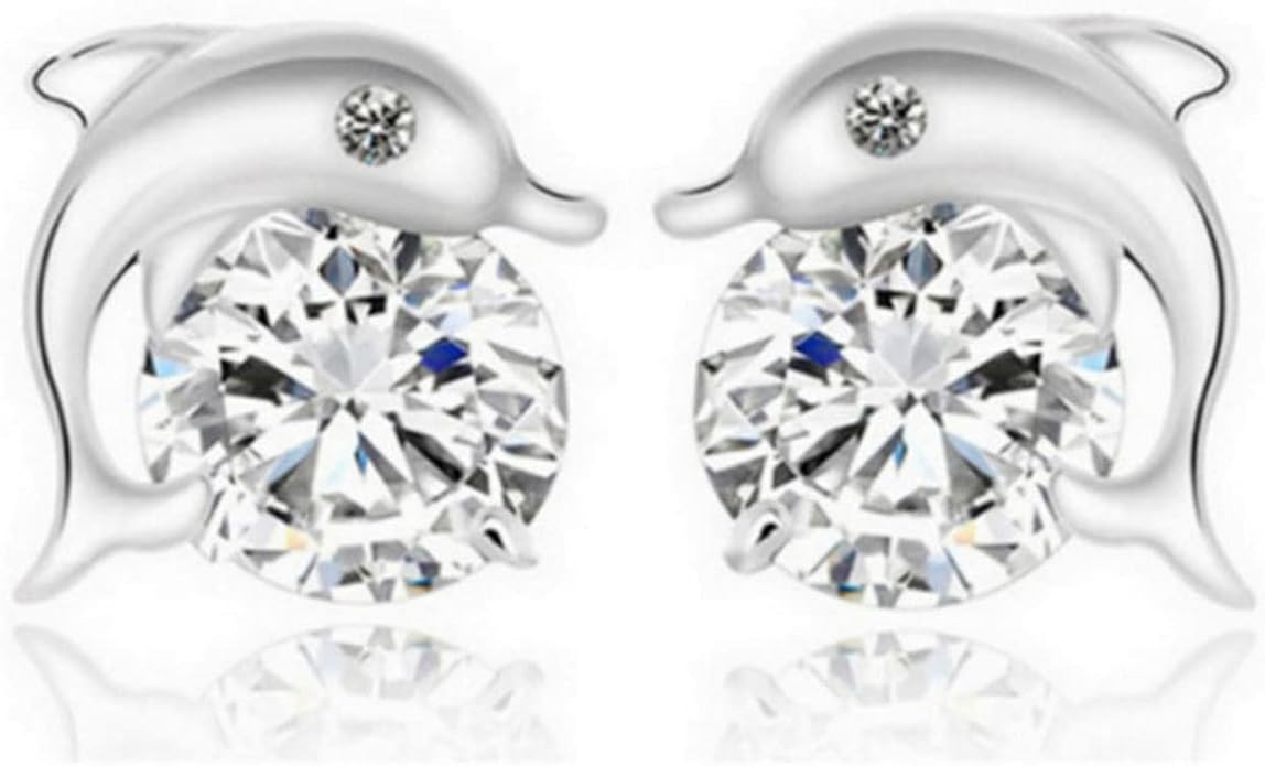 Silver Dolphin CZ Earrings Cute Animal Stud Earrings Tiny Earring Jackets Gifts for Women and Girls-Velvo Beauty
