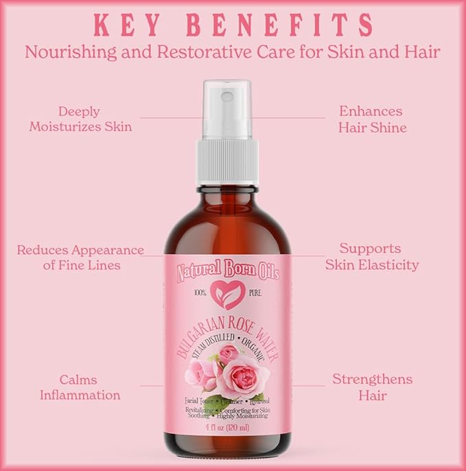Natural Born Oils 8oz Rose Water Hydrosol, 100% Pure and Natural, Organic, Steam-distilled, Facial Toner Cleanser, with Sprayer, 8-Rose-Water-Velvo Beauty