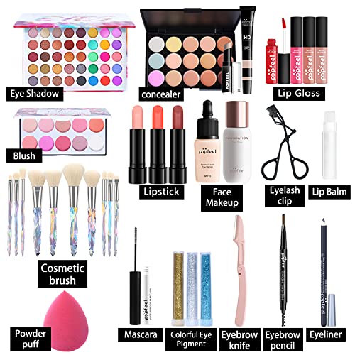 All-in-one Holiday Make up Gift Set | Makeup Kit for Women Full Kit Essential Starter Bundle Include Eyeshadow Palette Lipstick Blush Foundation Concealer Face Powder Mascara Lipgloss Brush-Velvo Beauty