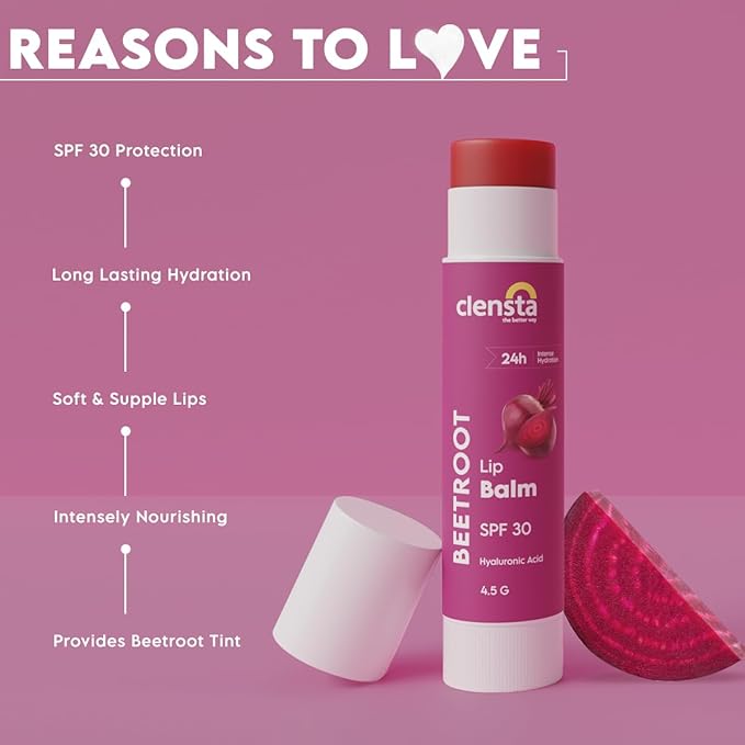 Clensta Beetroot SPF 30 Tinted Lip Balm | Hydrating & Moisturizing Lip Care with Hyaluronic Acid | Broad Spectrum Lip Sunscreen | 4.5g-Velvo Beauty