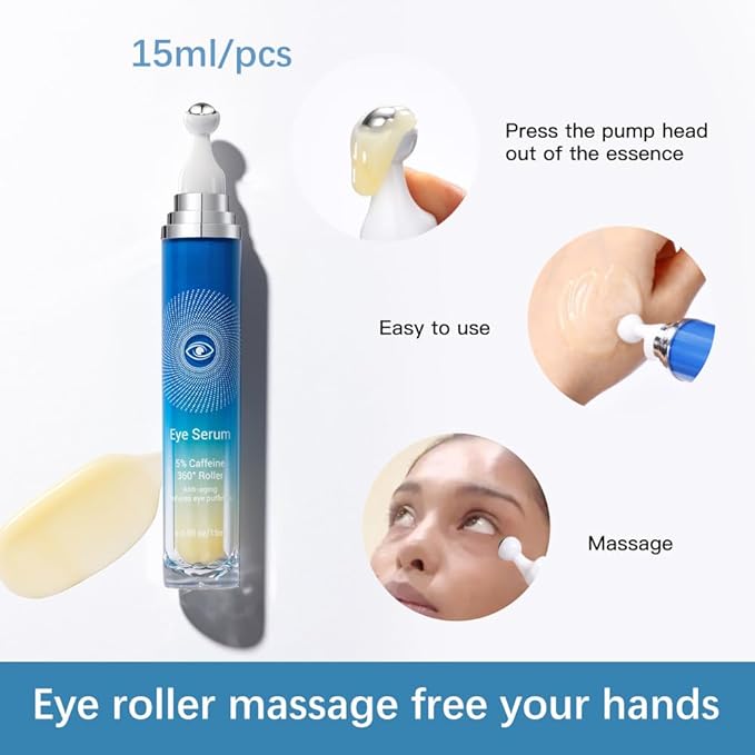5% Caffeine Eye Serum with 360° Massage Rollerball Topper,Caffeine Eye Cream for Dark Circles,Wrinkles,Puffiness and Fine Lines,Under Eye Roller Cream Eye Bags Treatment for Women and Men-Velvo Beauty