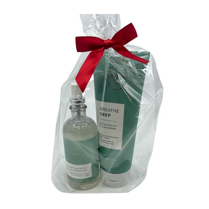 Bath & Body Works Aromatherapy Breathe Deep Eucalyptus & Lavender Gift Set with a Red Bow for Holidays & Gifts – Essential Oil Mist & Body Cream-Velvo Beauty